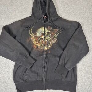 Y2K Miami Ink Hoodie Mens XL Black Vintage 2006 Tattoo Skull Graphic Zip Up